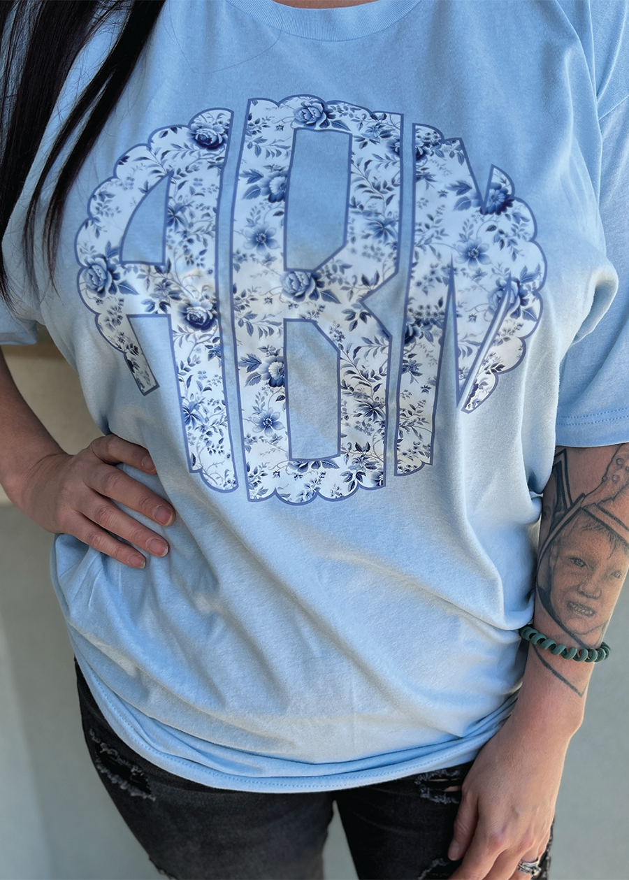 Blue Floral Scalloped Monogram Tee