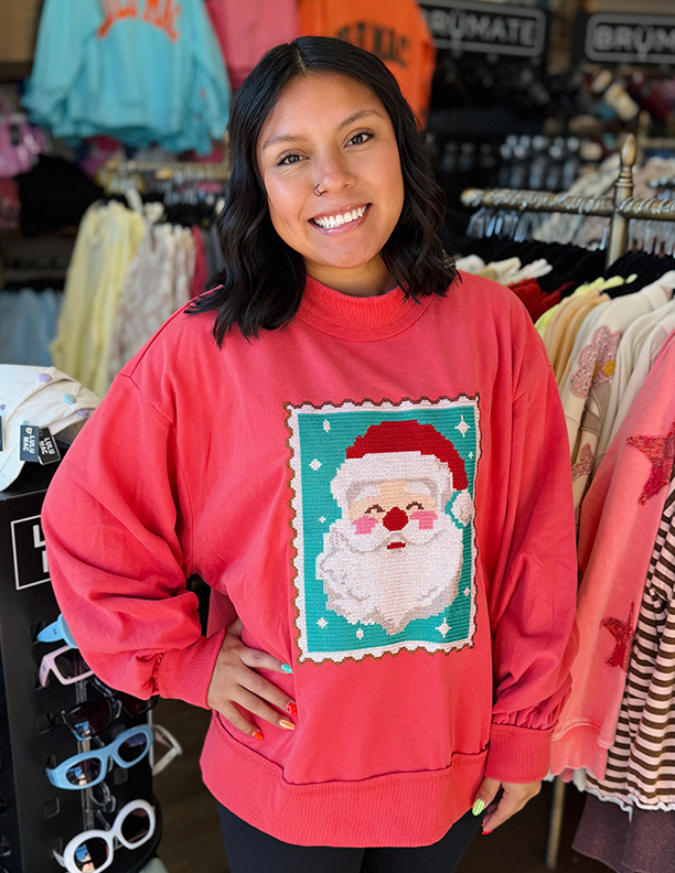 Santa Stamp Cross Stitch Mock Neck Sweatshirt