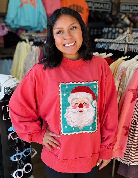 Santa Stamp Cross Stitch Mock Neck Sweatshirt