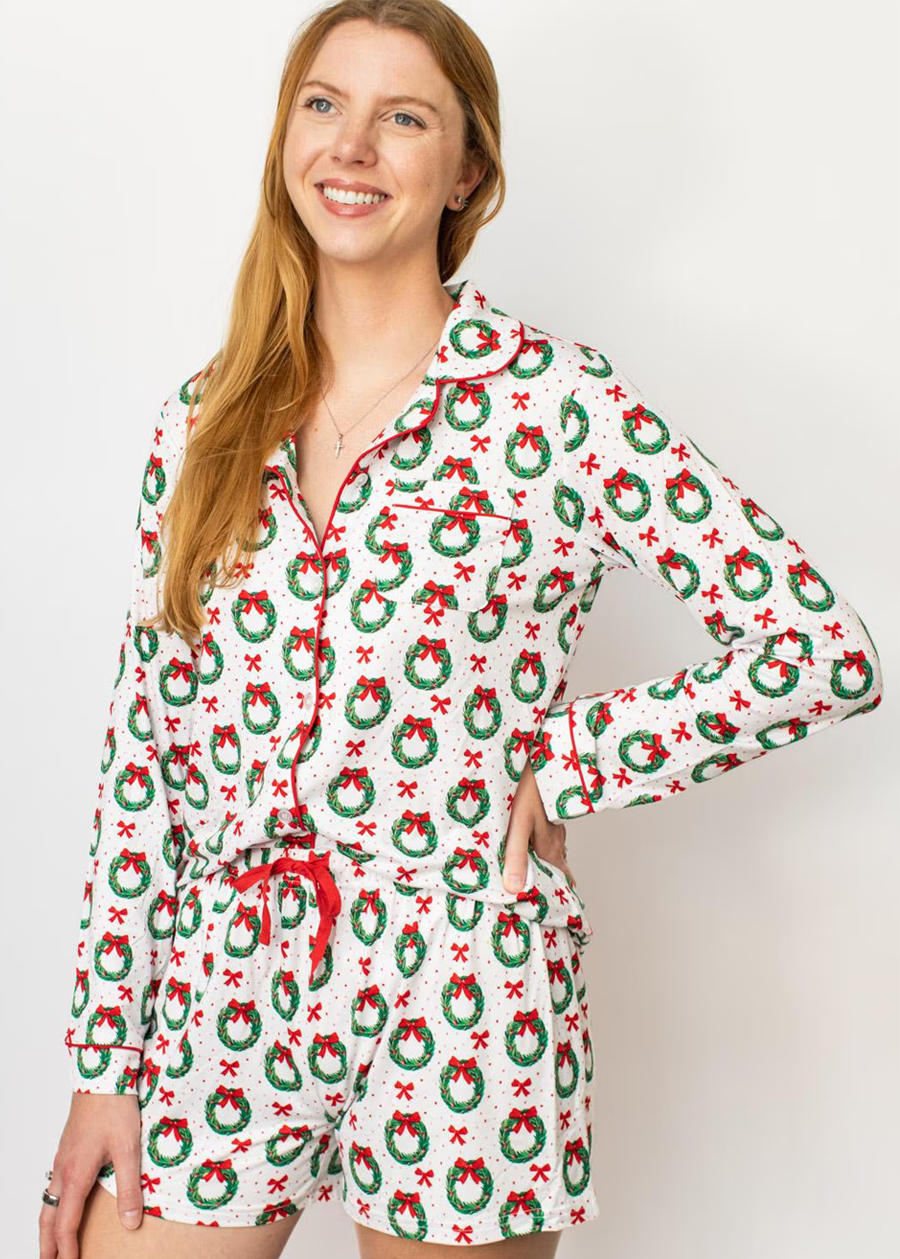 Clara Wreath Long Sleeve Button Up Sleep Shirt