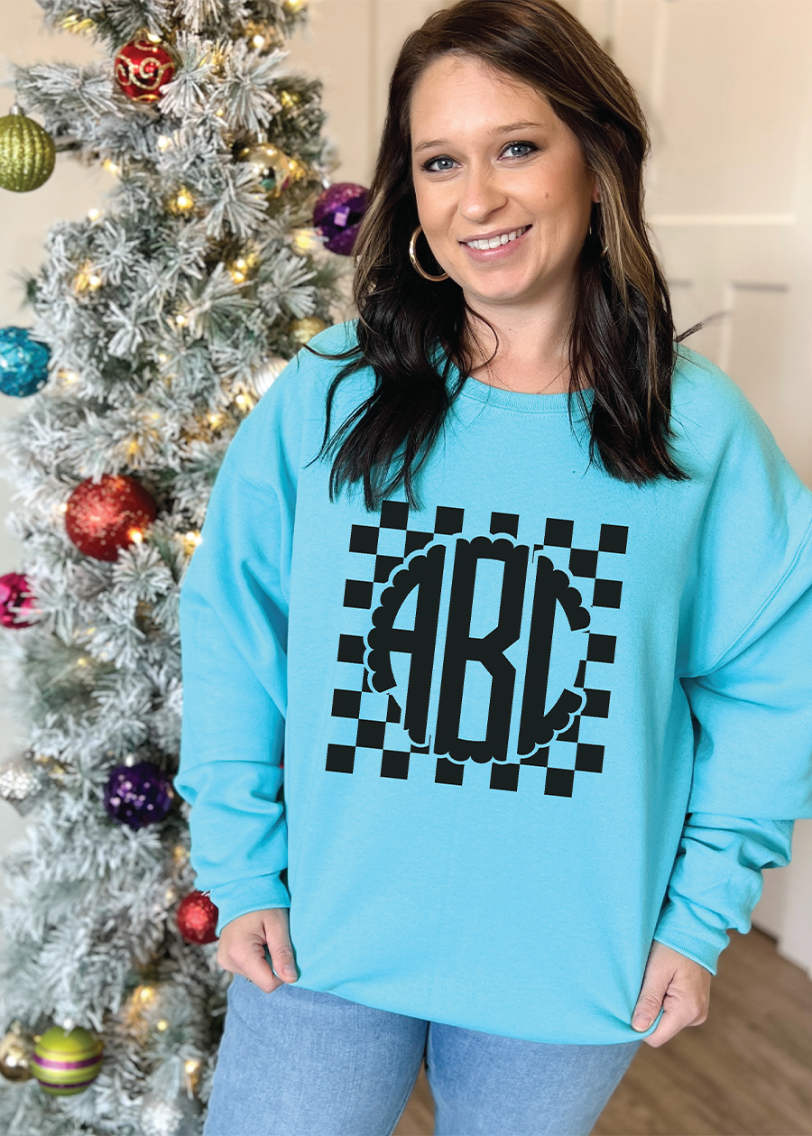 Load image into Gallery viewer, Checkered Block Scalloped Monogram Crewneck
