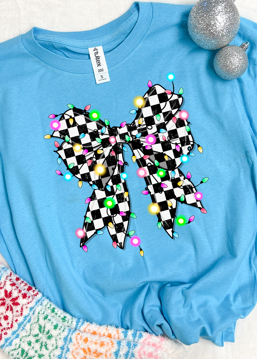 Checkered Christmas Lights Bow Tee