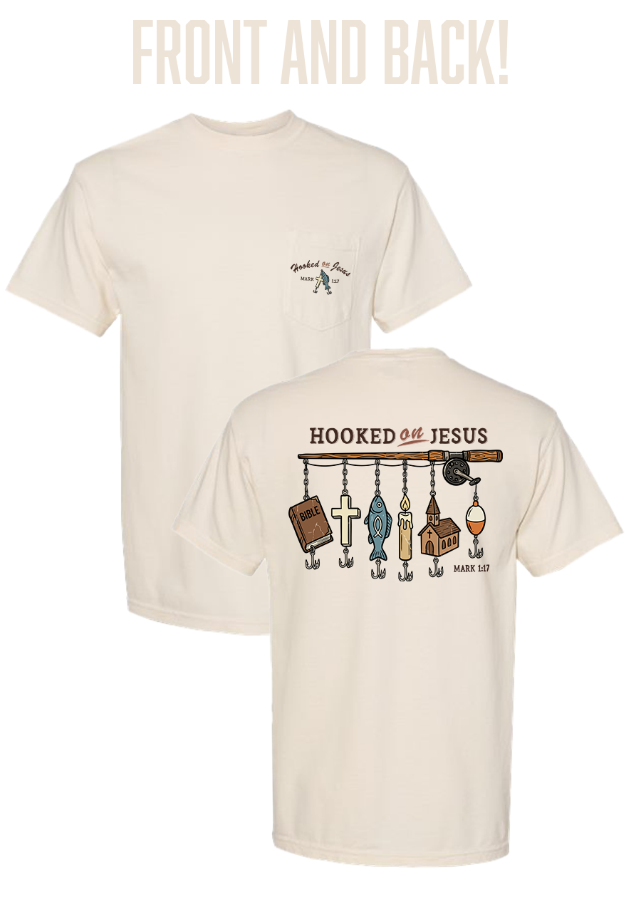 Hooked on Jesus COMFORT COLORS Pocket Tee