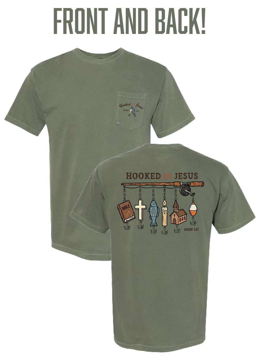 Hooked on Jesus COMFORT COLORS Pocket Tee