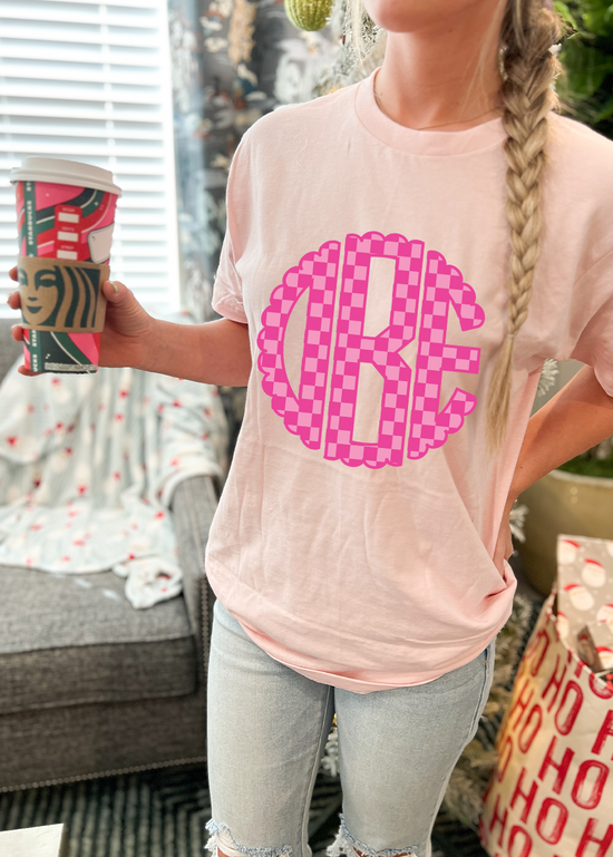 Load image into Gallery viewer, Pink Checkered Scalloped Monogram Tee
