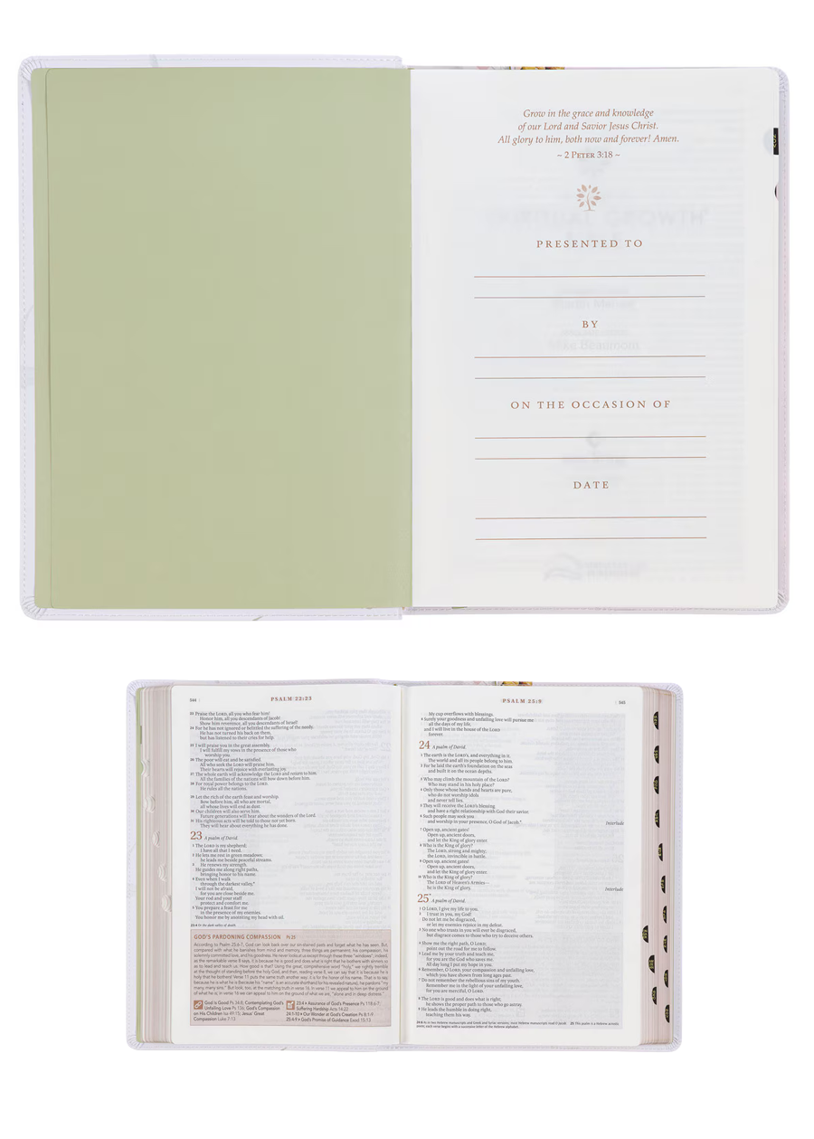 Pearlized White Floral Faux Leather Spiritual Growth Bible