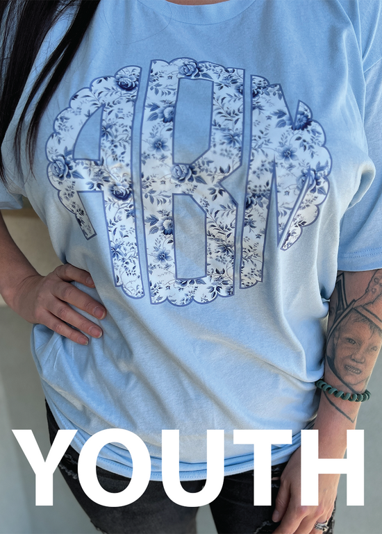 YOUTH Blue Floral Scalloped Monogram Tee