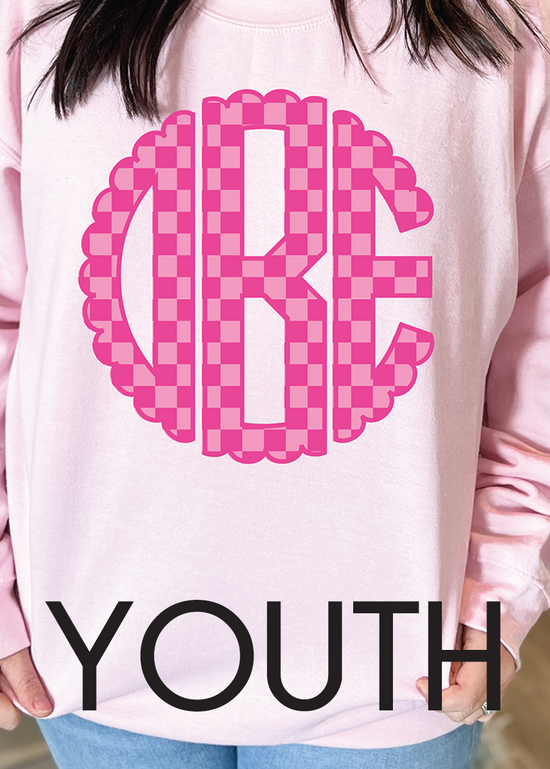 Youth Pink Checkered Monogram Crewneck