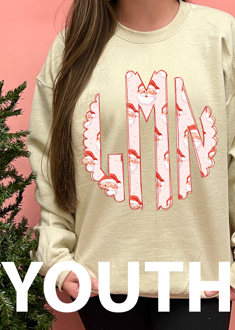 YOUTH Pink Santa Monogram Crewneck Sweatshirt