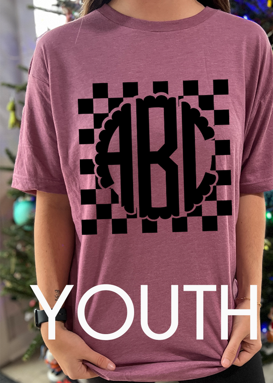 Load image into Gallery viewer, Youth Checkered Block Scalloped Monogram Tee
