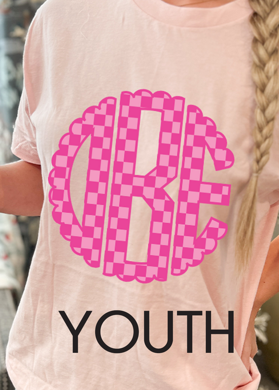 Youth Pink Checkered Scalloped Monogram Tee