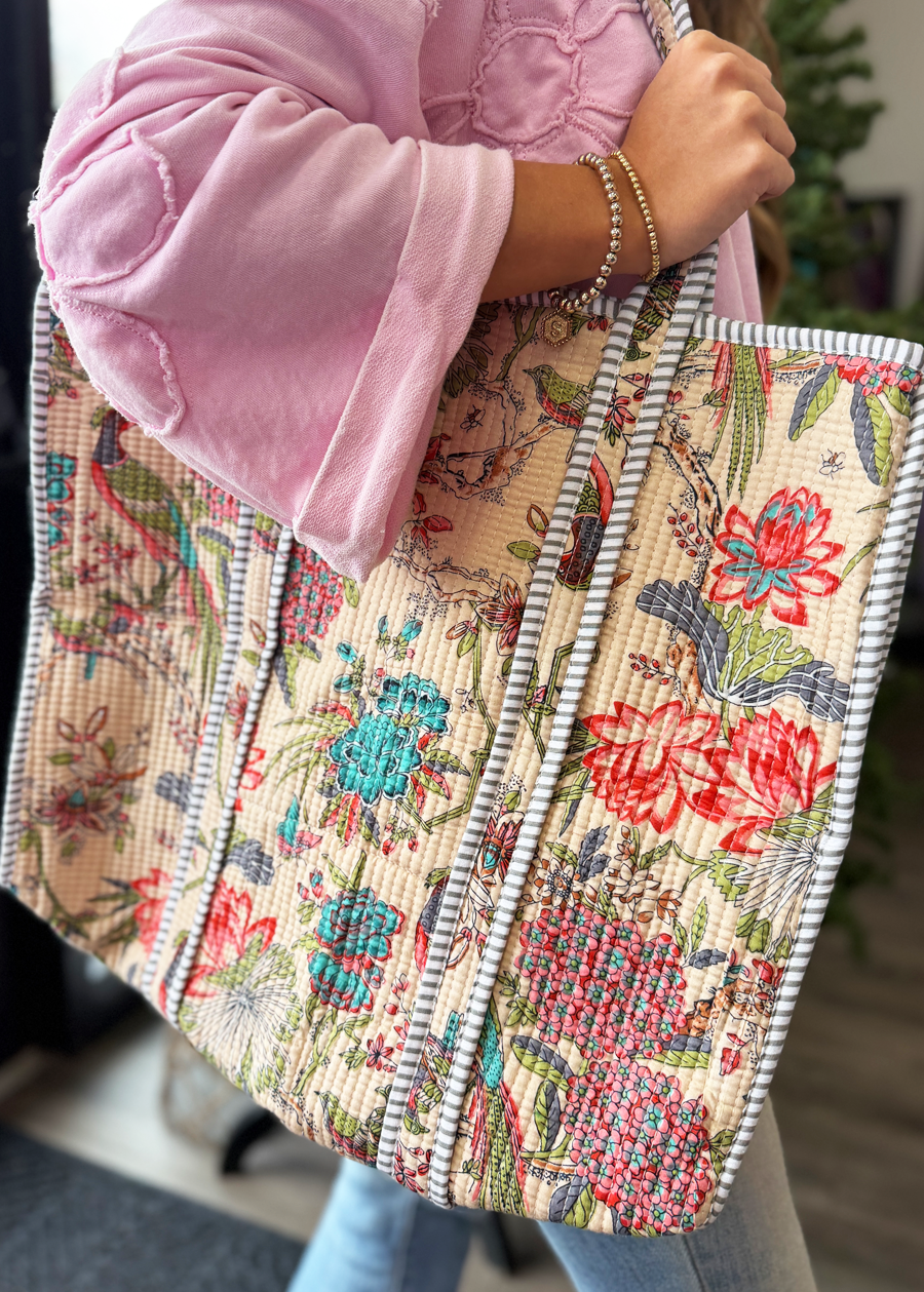 Valentin Beige Floral Tote Bag