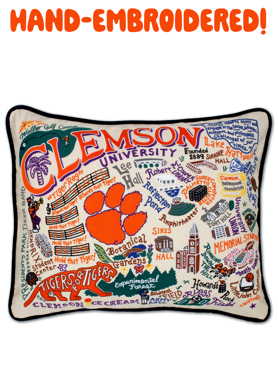 Clemson University Collegiate Hand-Embroidered Pillow
