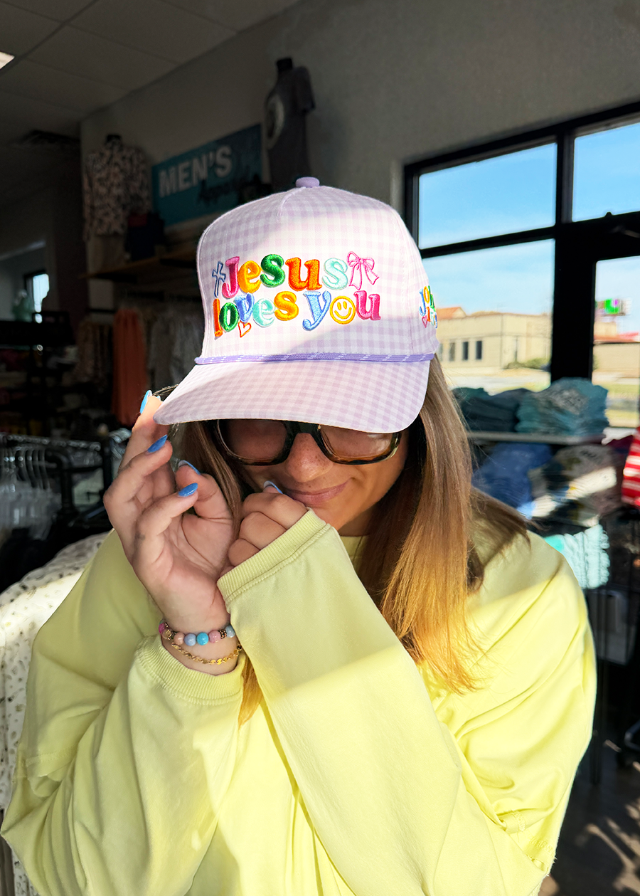Purple Checker Jesus Loves You Hat