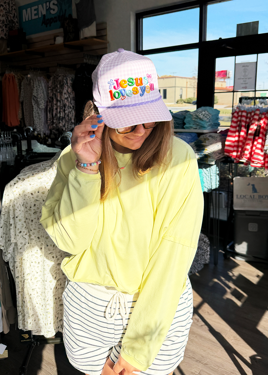 Purple Checker Jesus Loves You Hat