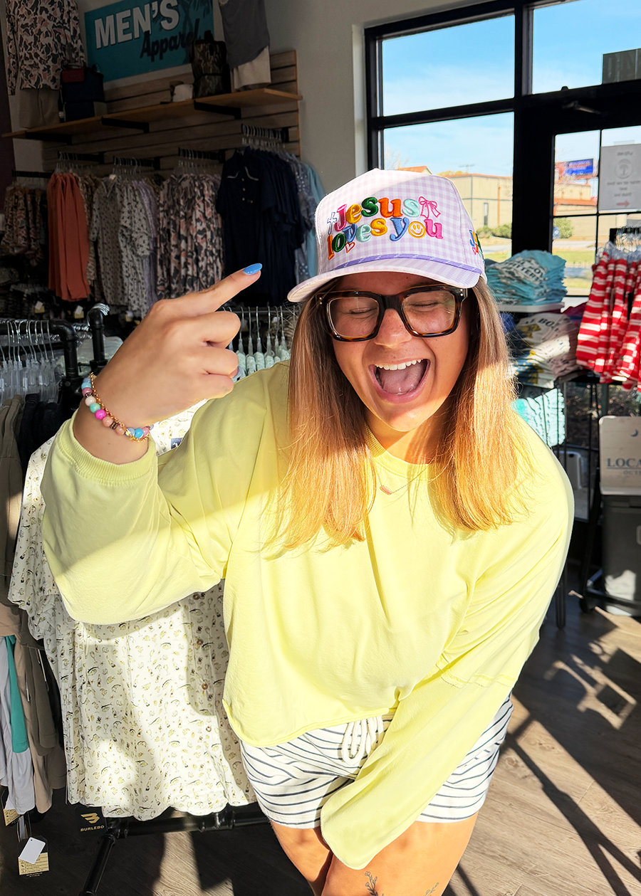 Purple Checker Jesus Loves You Hat