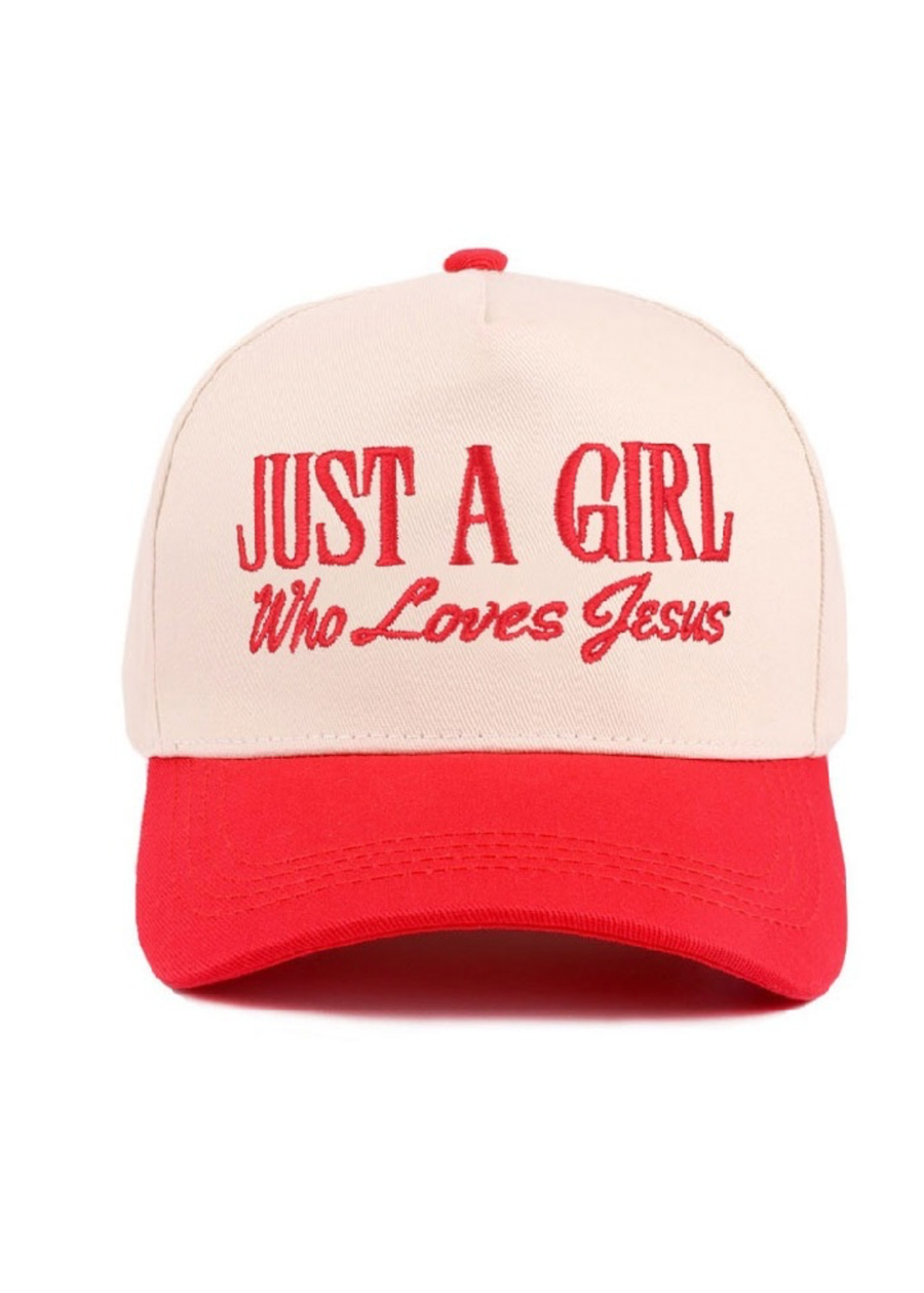 Just A Girl Who Loves Jesus EMB Trucker Hat