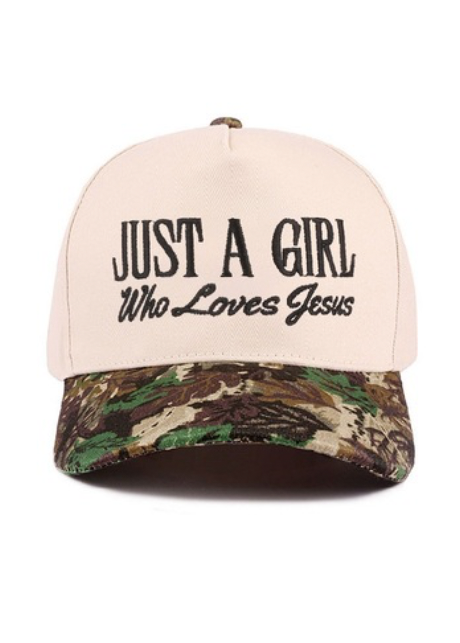 Just A Girl Who Loves Jesus EMB Trucker Hat
