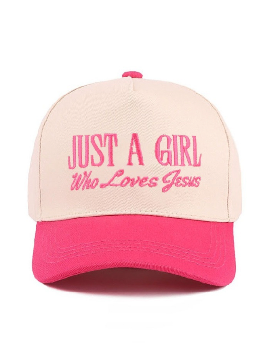 Just A Girl Who Loves Jesus EMB Trucker Hat