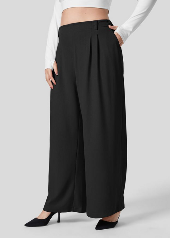 Plus Size High Waisted Plicated Side Pocket Wide Leg Waffle Work Pants