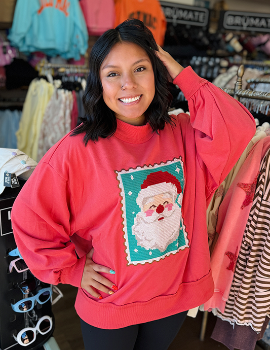 Santa Stamp Cross Stitch Mock Neck Sweatshirt