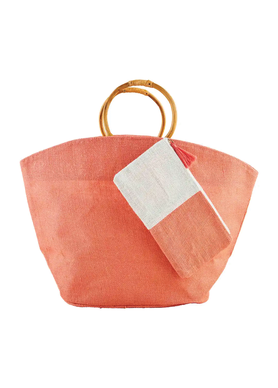 Palmette - Red and Pink Leather Straw Bag
