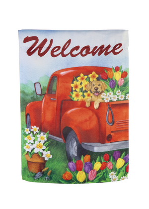 
            
                Load image into Gallery viewer, Tulip Truck Garden Suede Flag
            
        